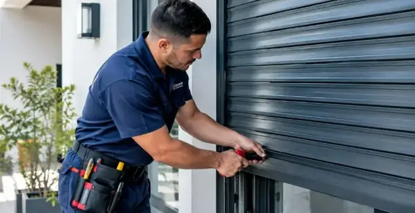 Technicien intervenant sur un volet roulant gris foncé