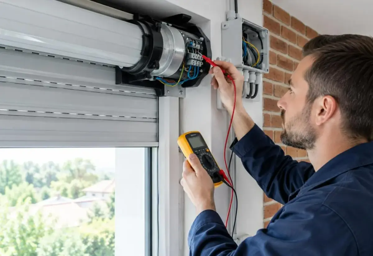 Technicien testant au multimètre le raccordement d'un moteur de volet roulant