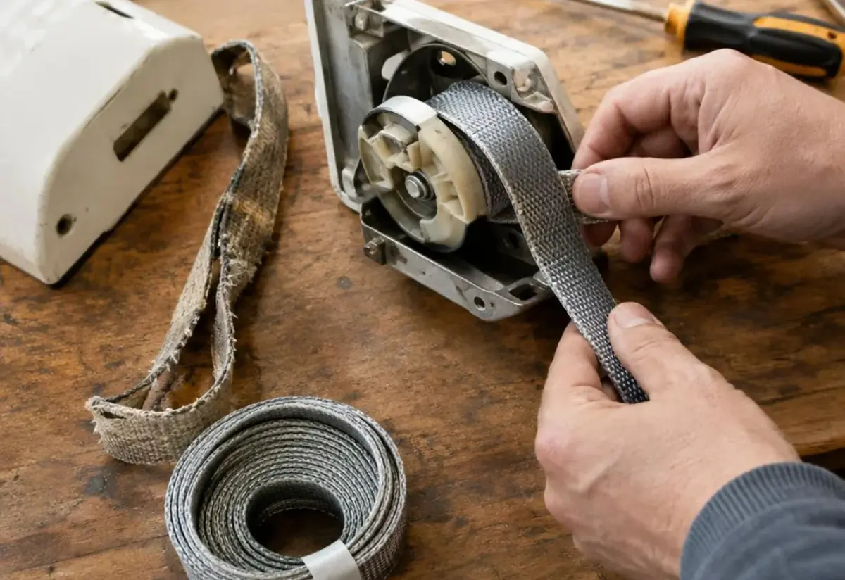 Mains remplaçant une sangle usée sur un enrouleur posé sur l'établi