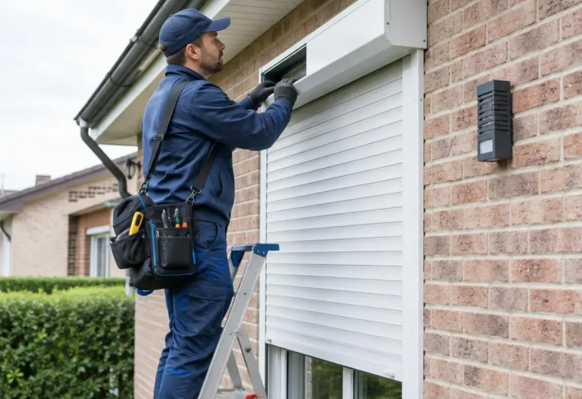 Technicien sur un escabeau contrôlant un volet roulant blanc sur une façade en briques