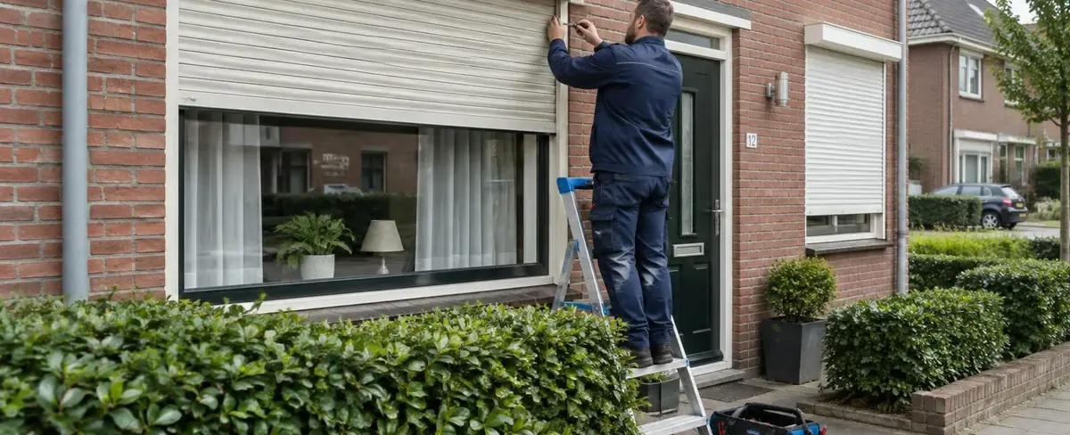 Technicien sur un escabeau intervenant sur le volet roulant d'une maison en briques