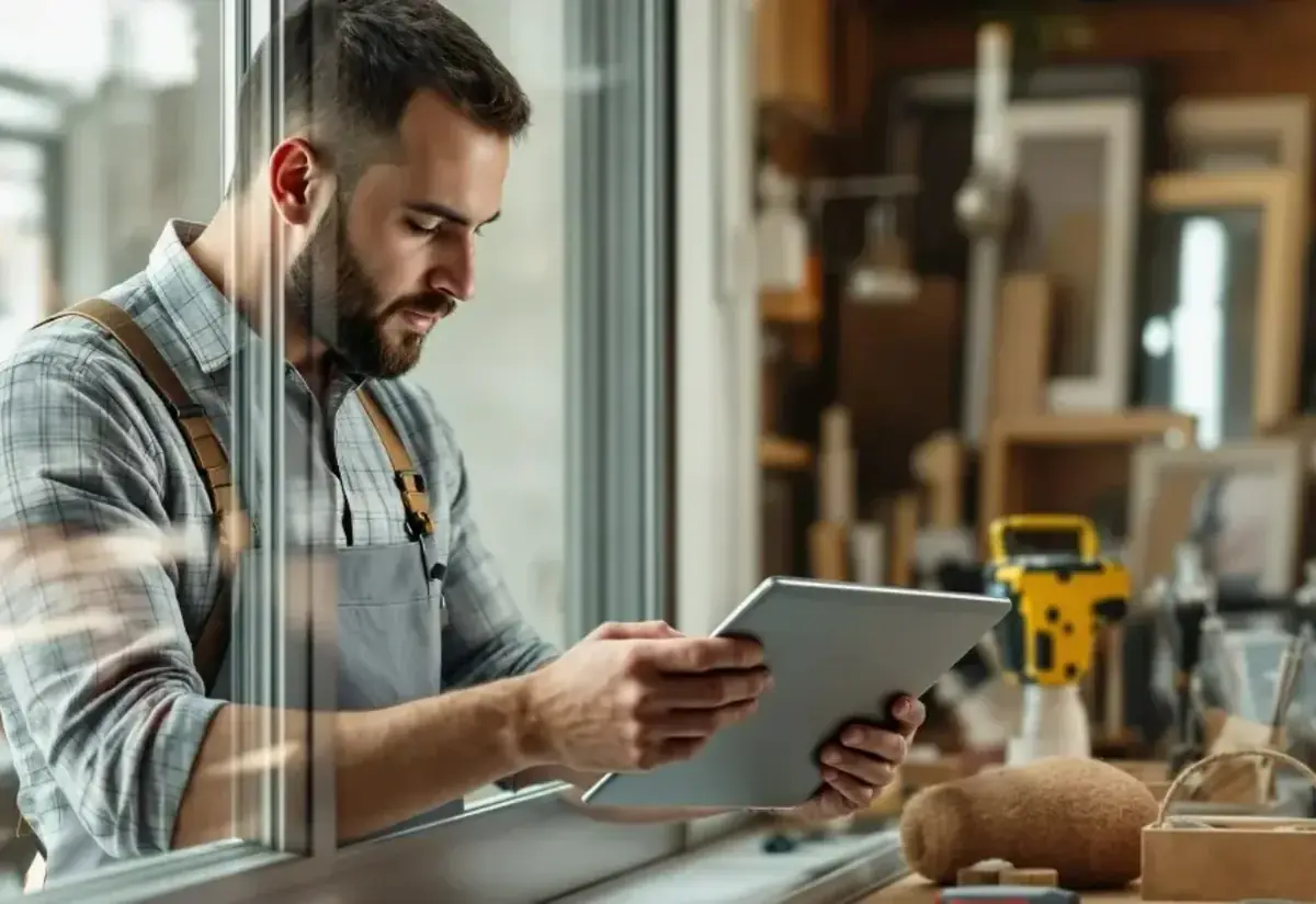 Artisan consultant une tablette dans son atelier