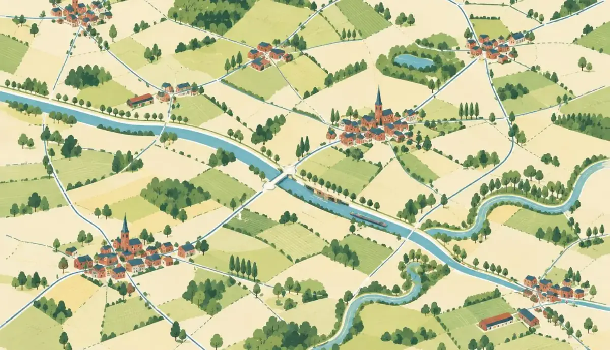 Illustration d'un plan de campagne avec villages, champs et rivière